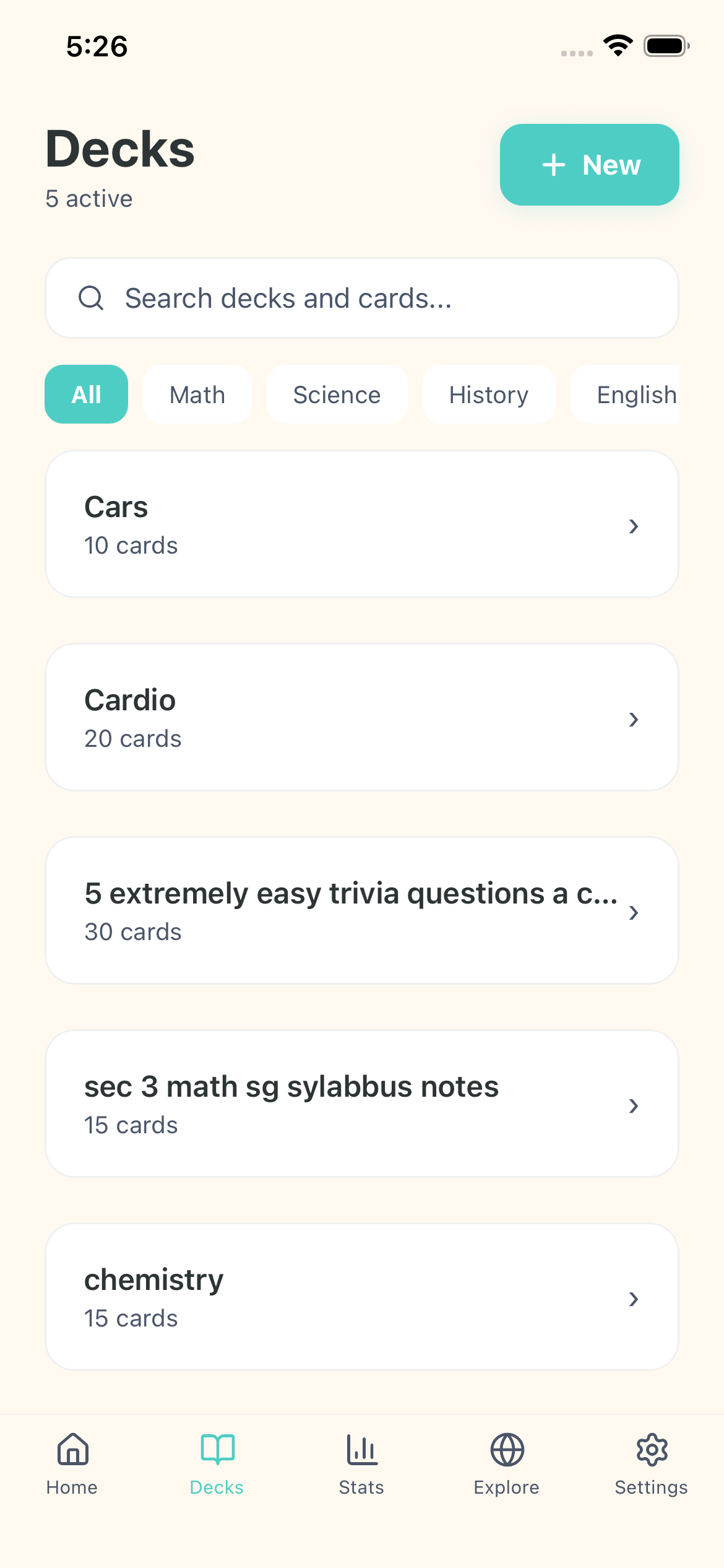 Flashcard decks list and management
