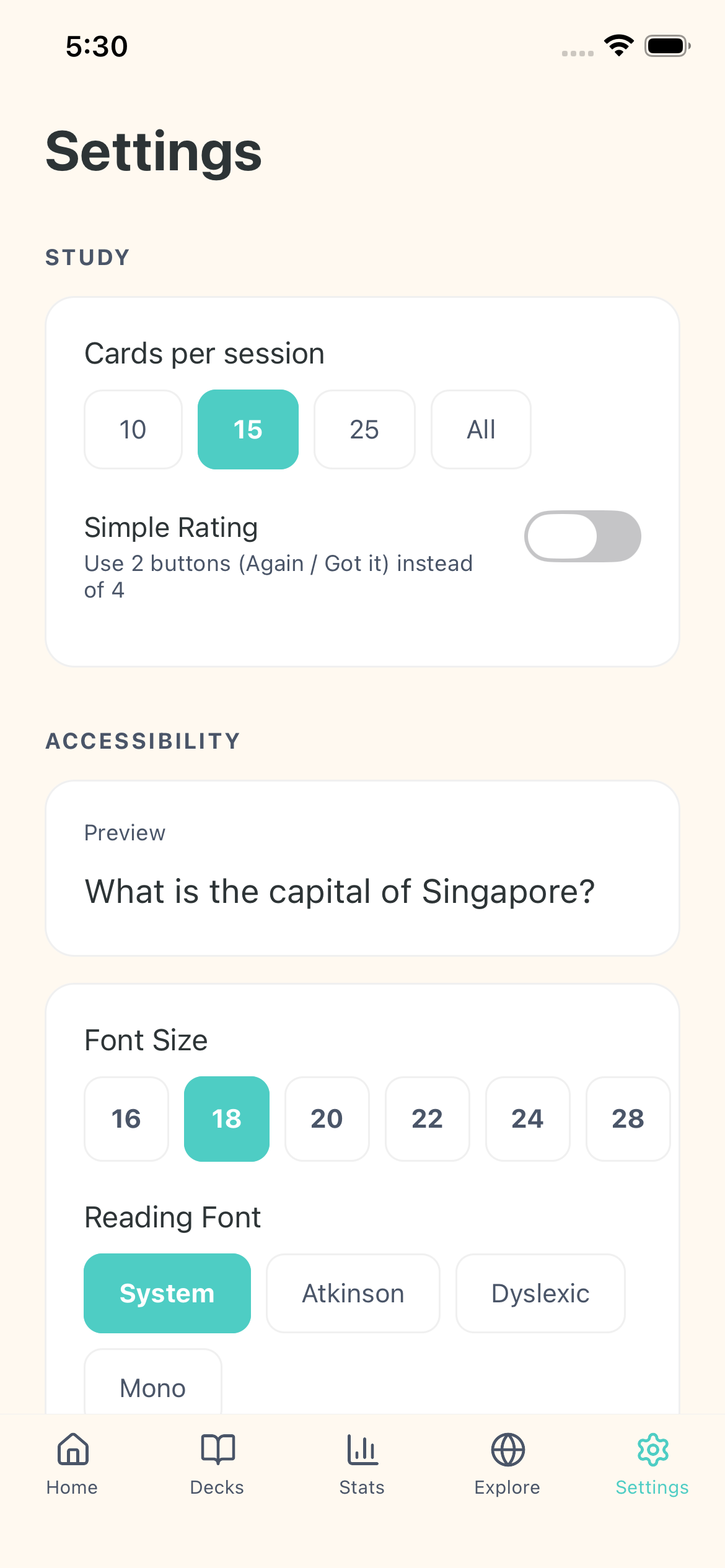 Accessibility settings with font and theme options