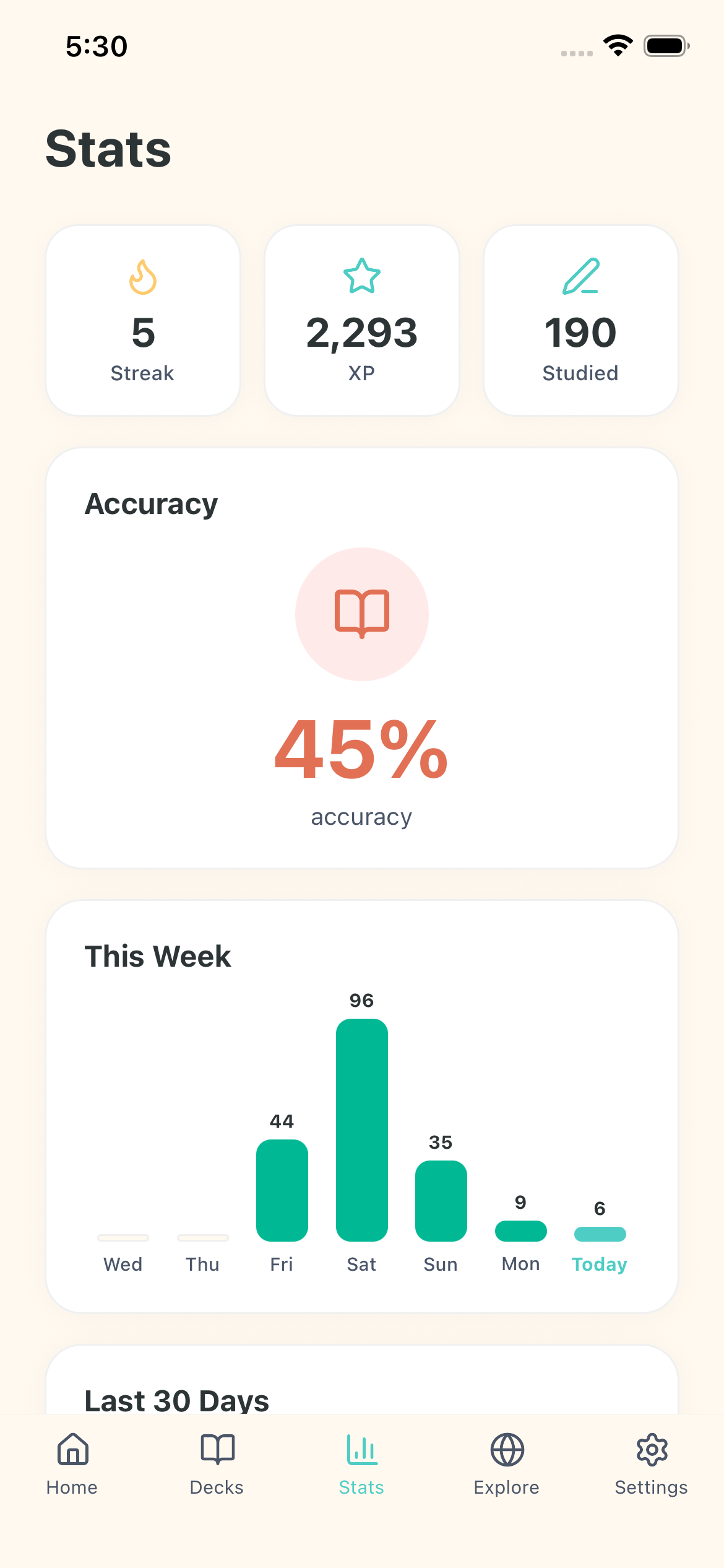 Study statistics and progress screen