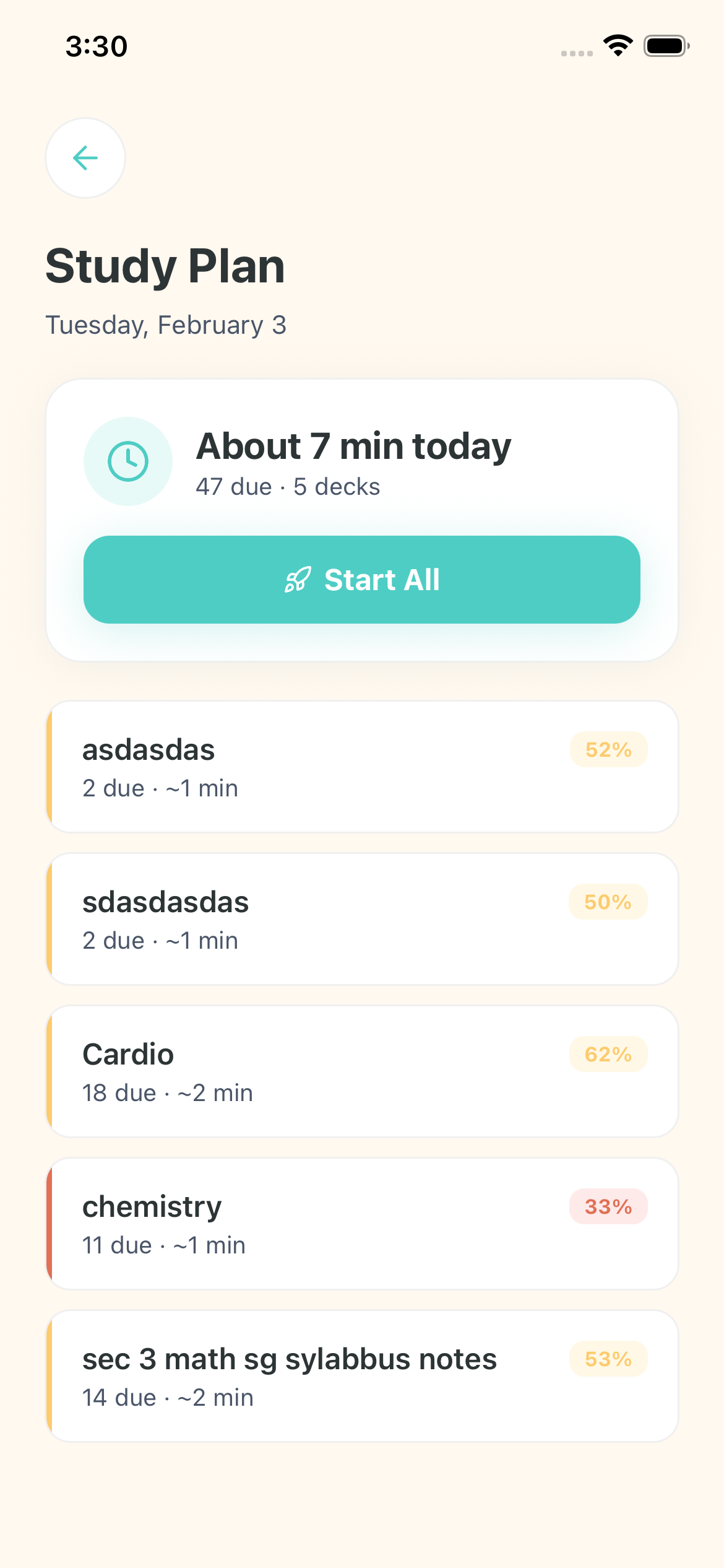 Custom study plan screen